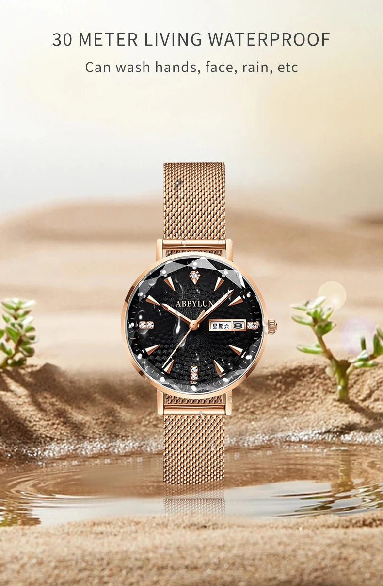 Stainless Steel Mesh Waterproof Quartz Watch with Diamond Dial for Women