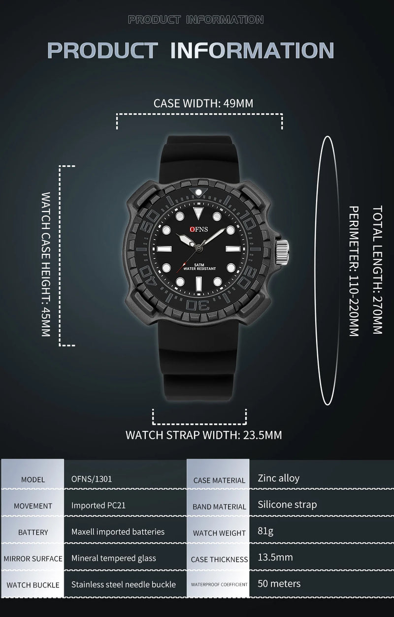 Quartz Silicone Strap 50M Waterproof Sport Watch for Men