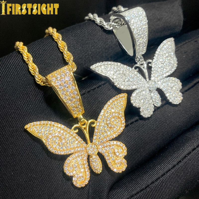 Gold or Silver Butterfly Pendant Necklace with Cubic Zircon, Iced Out, for Men or Women