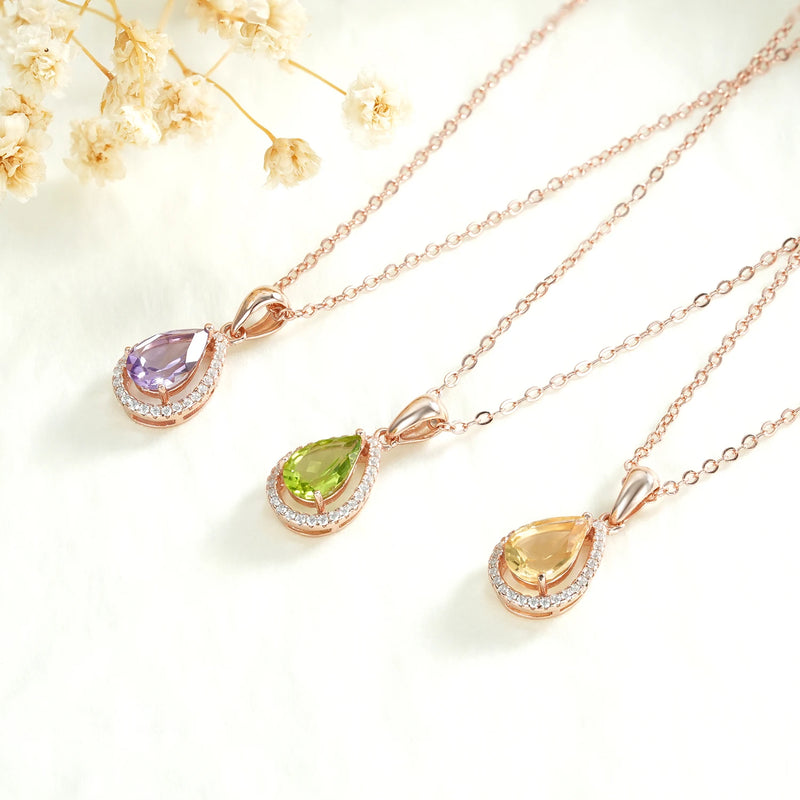 925 Sterling Silver Water Drop Amethyst Peridot Citrine Pendant Necklace for Women