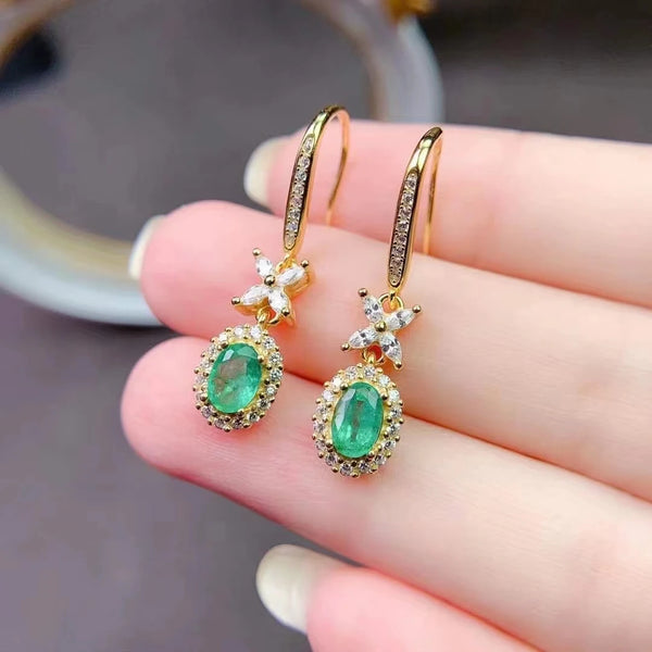 Sterling Silver Colombian Emerald Flower Drop Earrings for Women