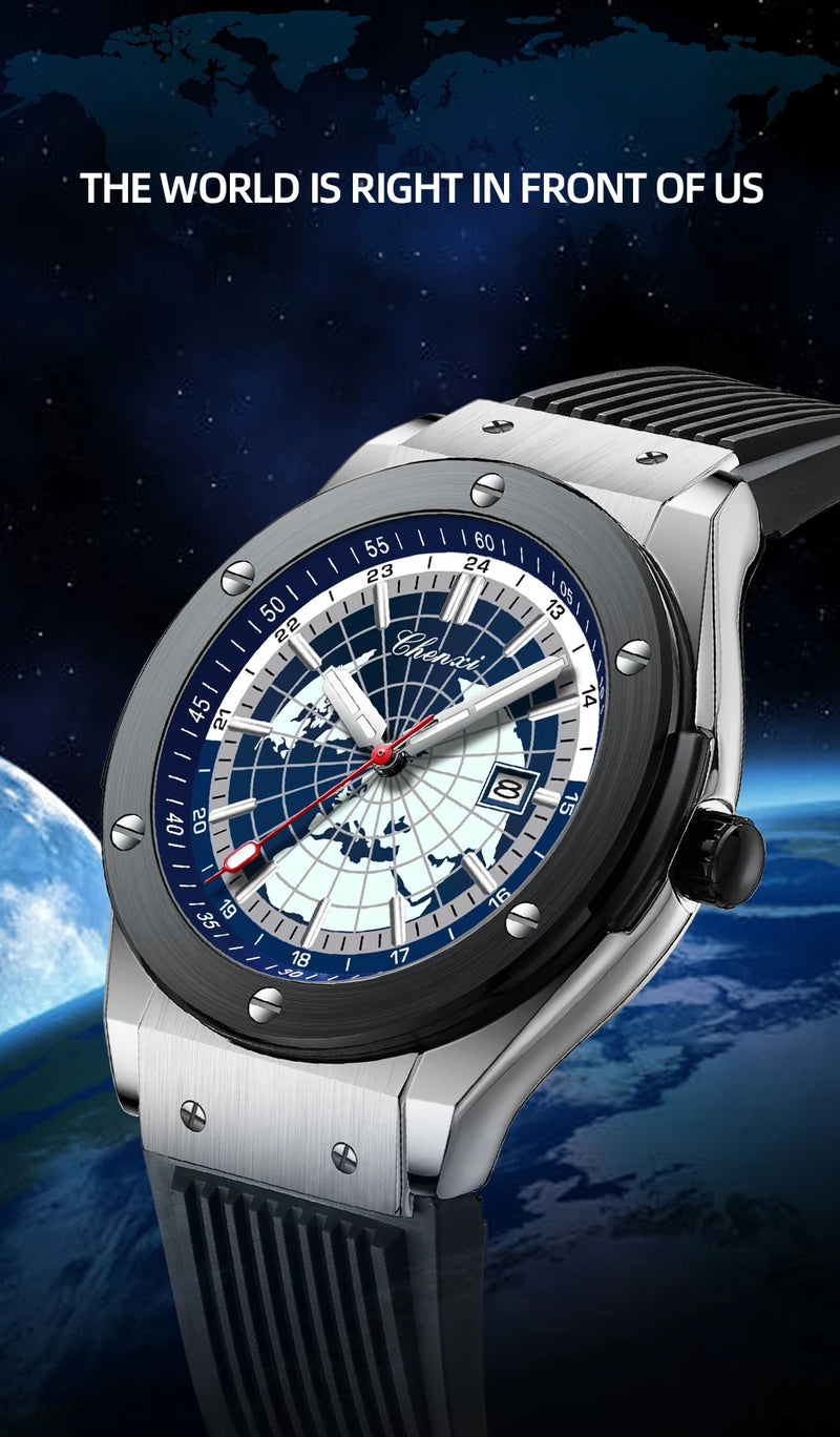 Stainless Steel World Map Sport Watch for Men