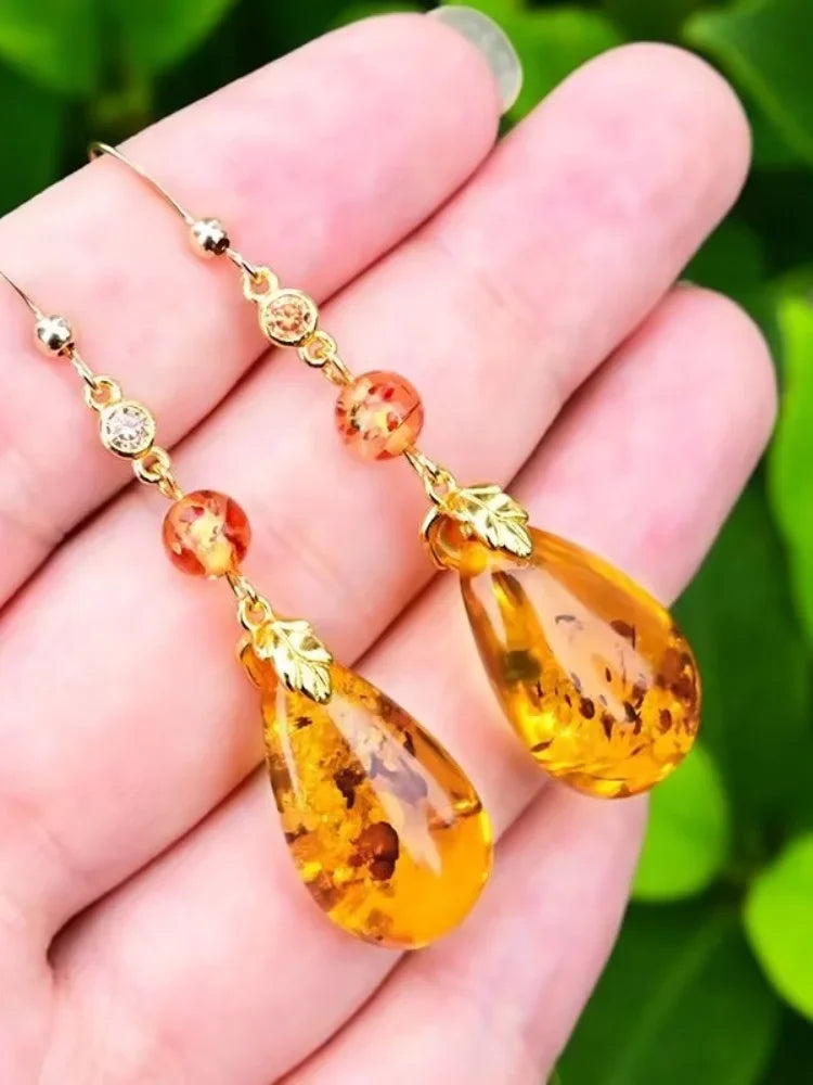 Sterling Silver Amber Dangle Earrings for Woman