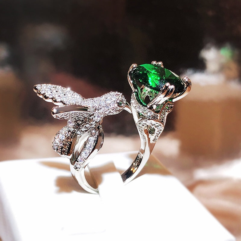 Sterling Silver Simulation Santa Maria Green Oval Hummingbird Ring for Her