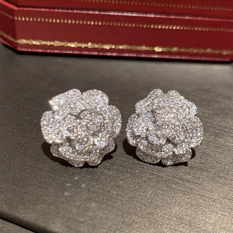 925 Silver Cubic Zirconia Camellia Flower Stud Earrings for Women