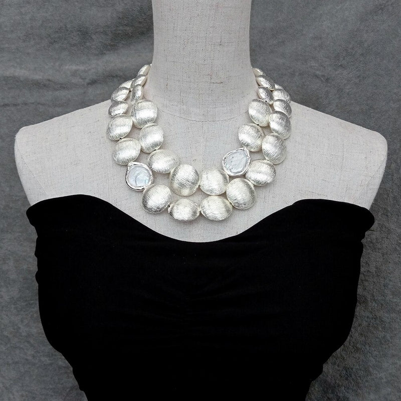 Sterling Silver Plated 2 Rows Cultured White Coin Pearl Necklace with Crystals for Women