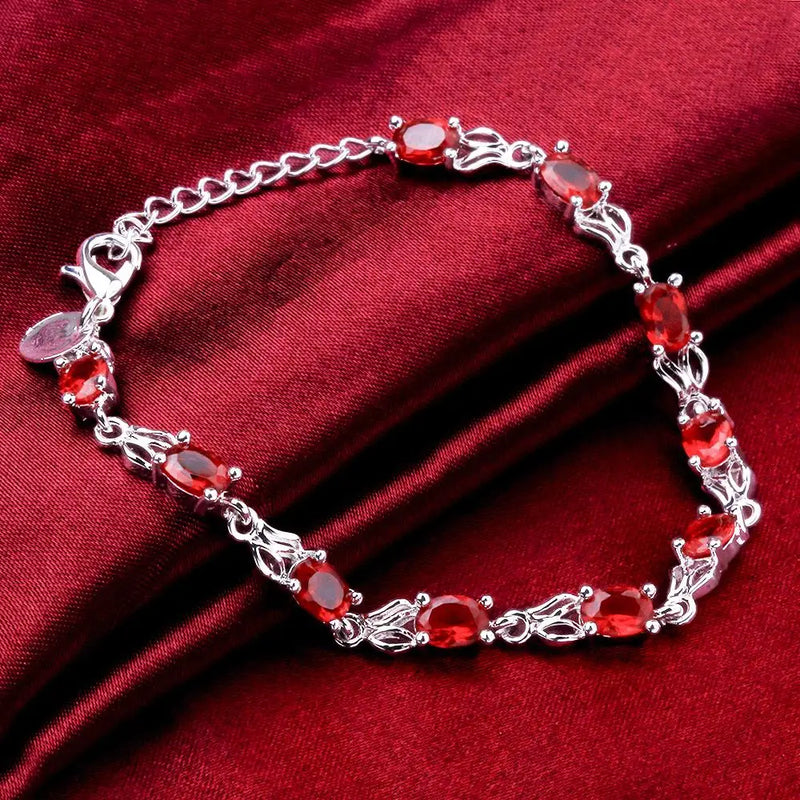 Sterling Silver Wild Red Crystal Chain Bracelet for Women