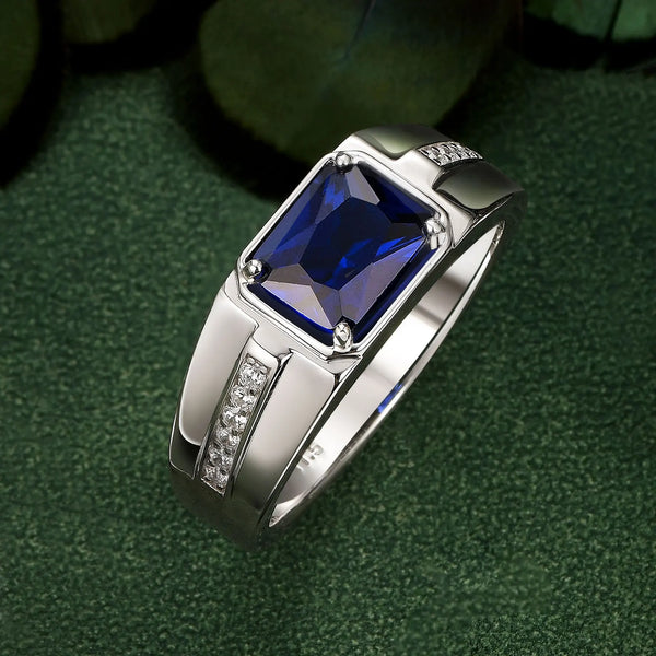 925 Sterling Silver Blue Sapphire CZ Nano Octagon Ring for Him