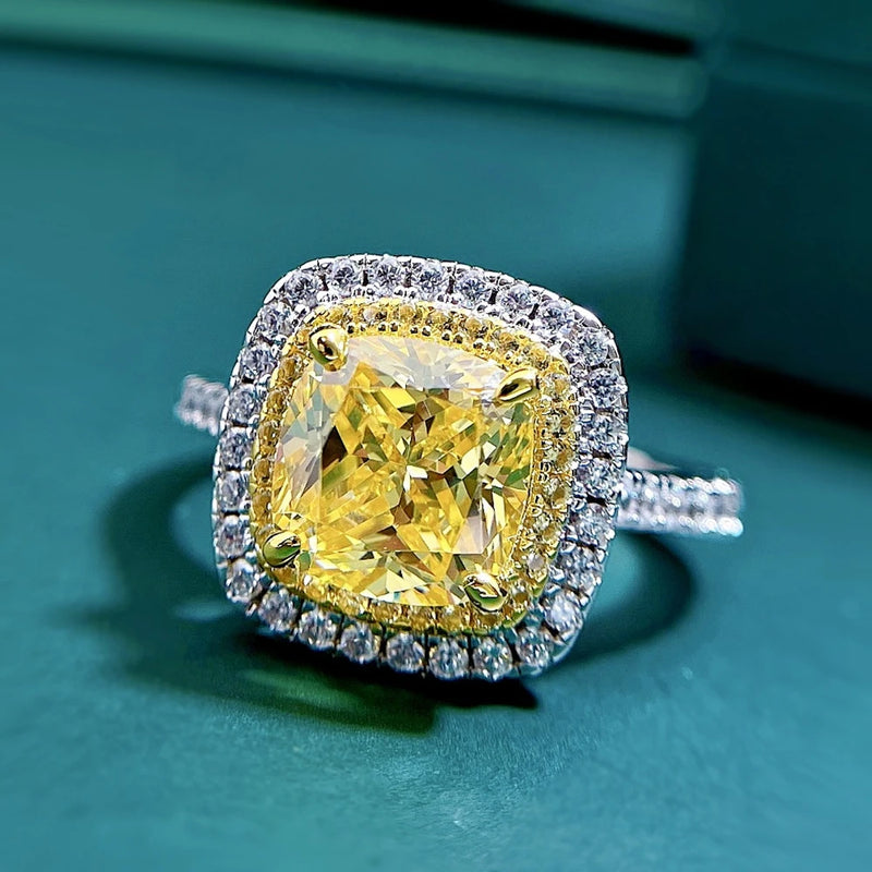 925 Sterling Silver 3CT Cushion Cut Yellow Sapphire and Moissanite Ring for Women