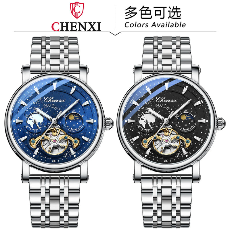 Stainless Steel Milky Way Moon Phase Hollow Flywheel Mechanical Watch for Men