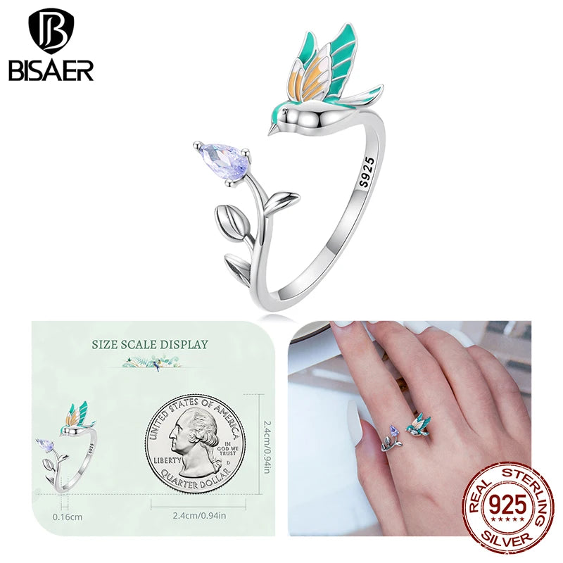 Sterling Silver Floral Bird Open Ring Flower Band, Adjustable Size 5-9, for Women