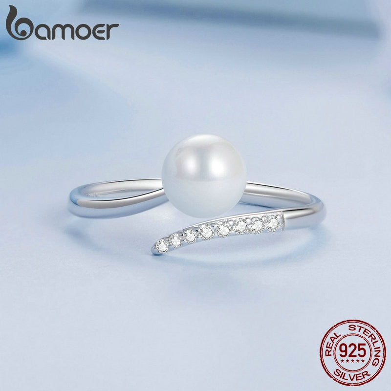 925 Sterling Silver Shell Pearl Opening Ring Zircon Adjustable for Women