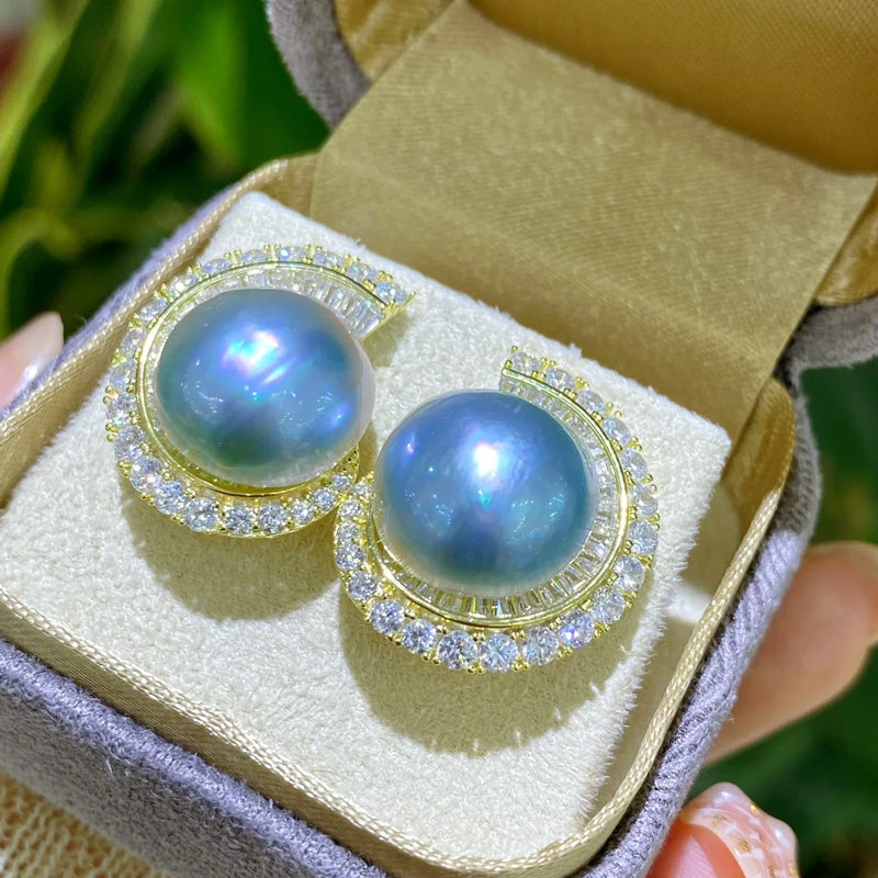 XXPearl Earrings Fine Jewelry 925 Sterling Silver Round 13-14mm Blue Mabe Pearls Studs Earrings Present