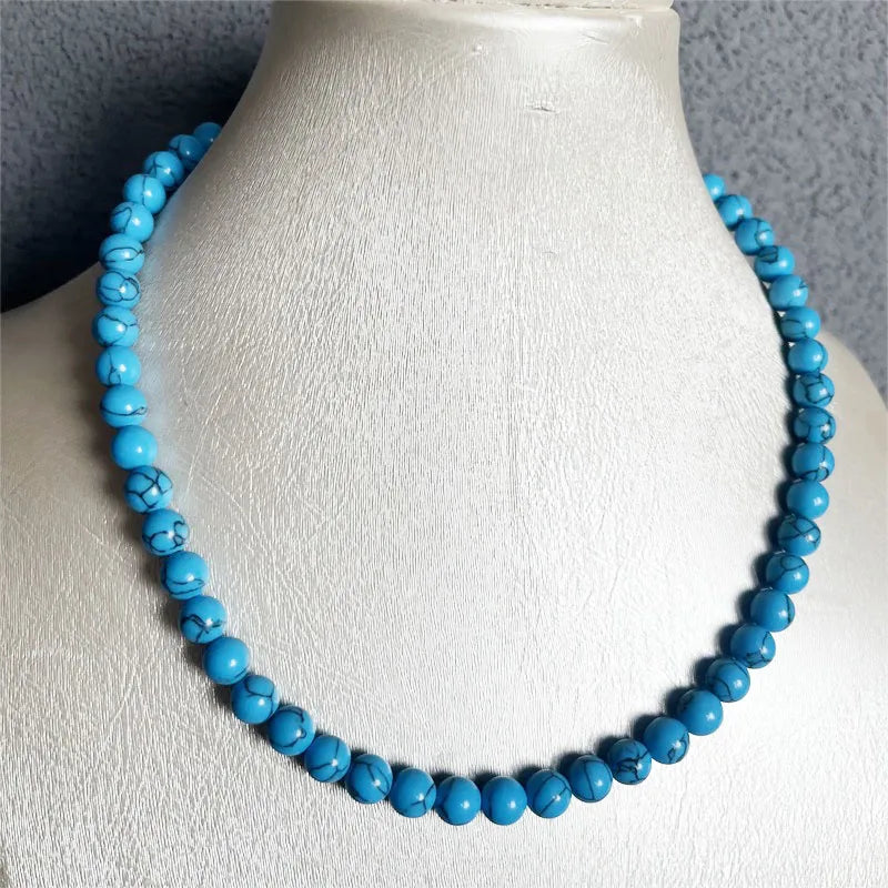 Silver 8mm Blue Turquoise Necklace with Black Lines for Female