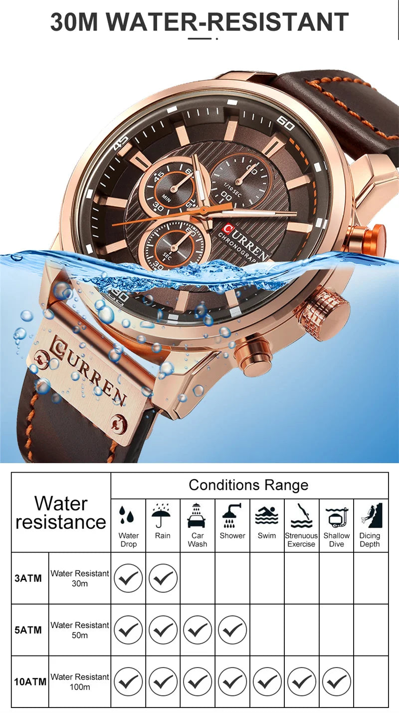 Stainless Steel Brown Leather Chronograph Watch for Men