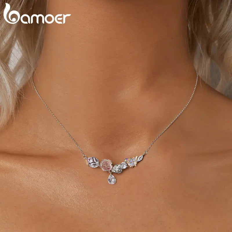 925 Sterling Silver Butterfly Flower Necklace for Women