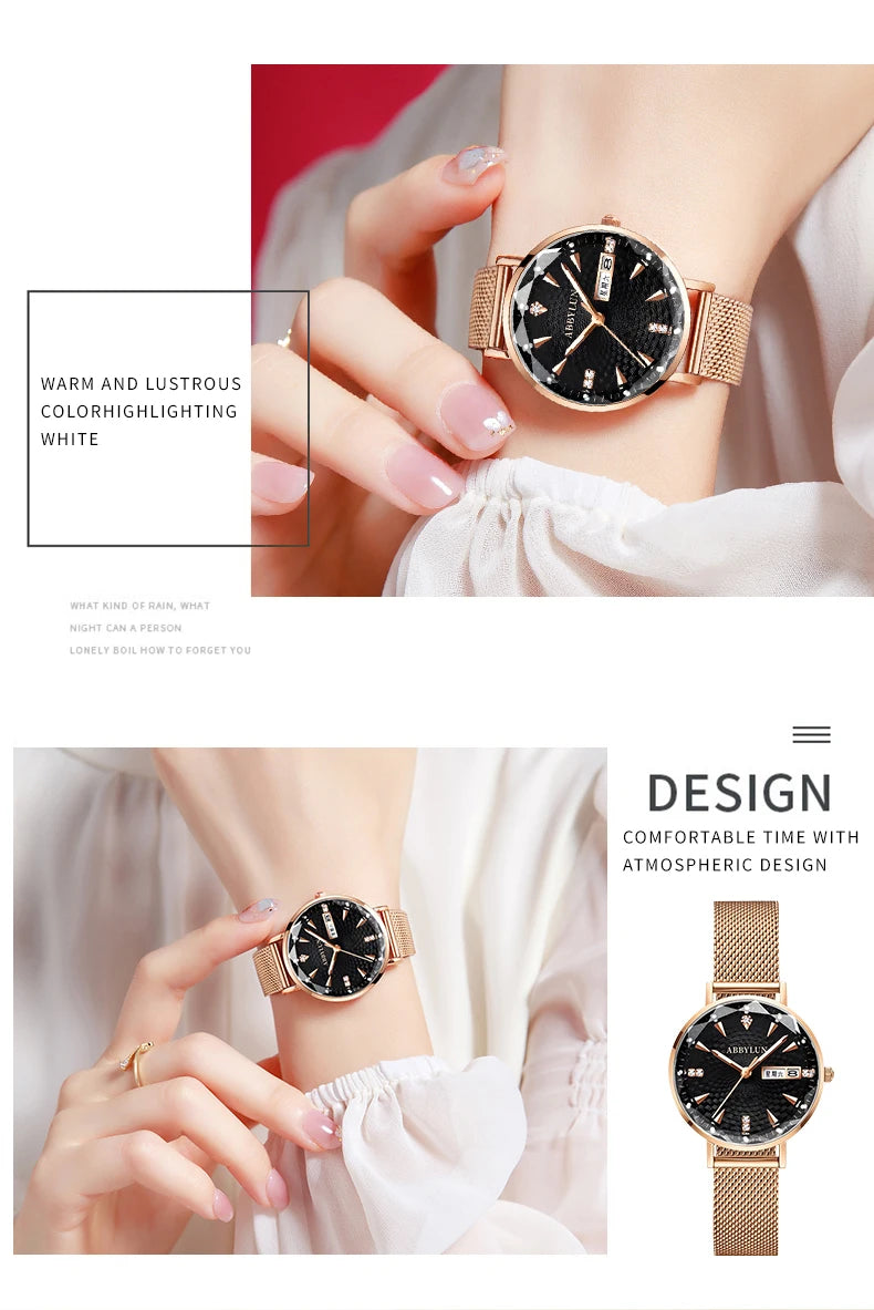 Stainless Steel Mesh Waterproof Quartz Watch with Diamond Dial for Women