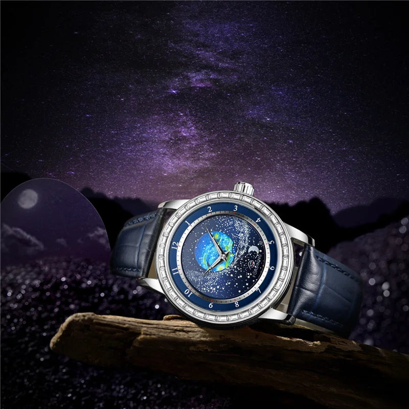 Leather Luxury Full Sky Star Quartz Watch for Men