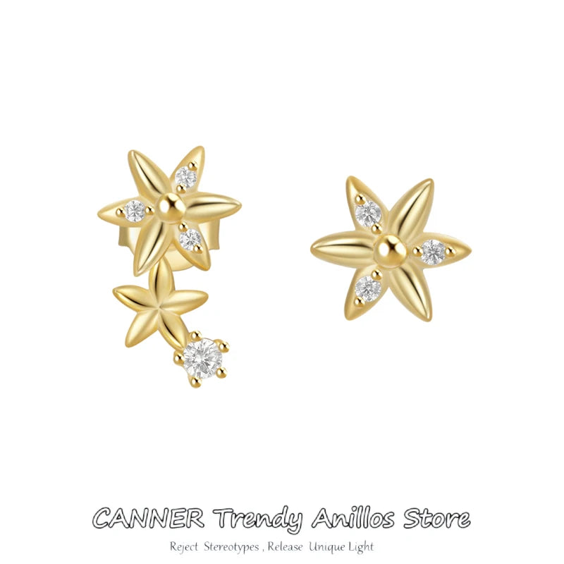 925 Sterling Silver Star Crystal Flower Stud Earrings for Woman