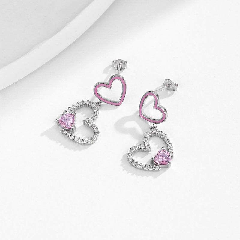 Sterling Silver Pink CZ Enamel Heart Dangle Earrings for Women