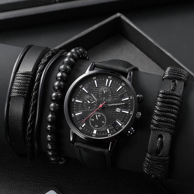 Stainless Steel Round Quartz Watch with PU Leather Bracelet for Men