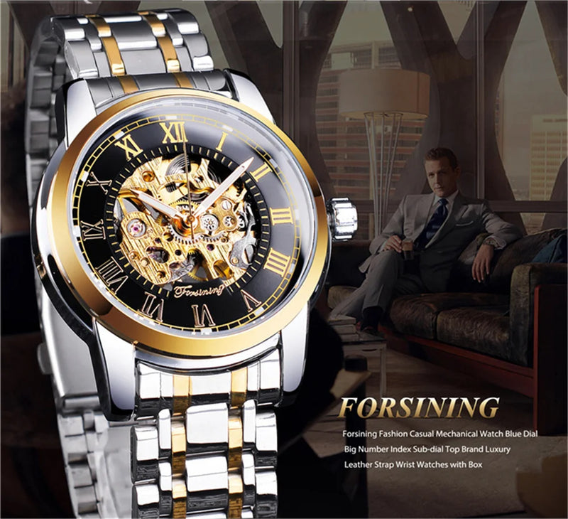 Stainless Steel Mechanical Skeleton Wristwatch for Men