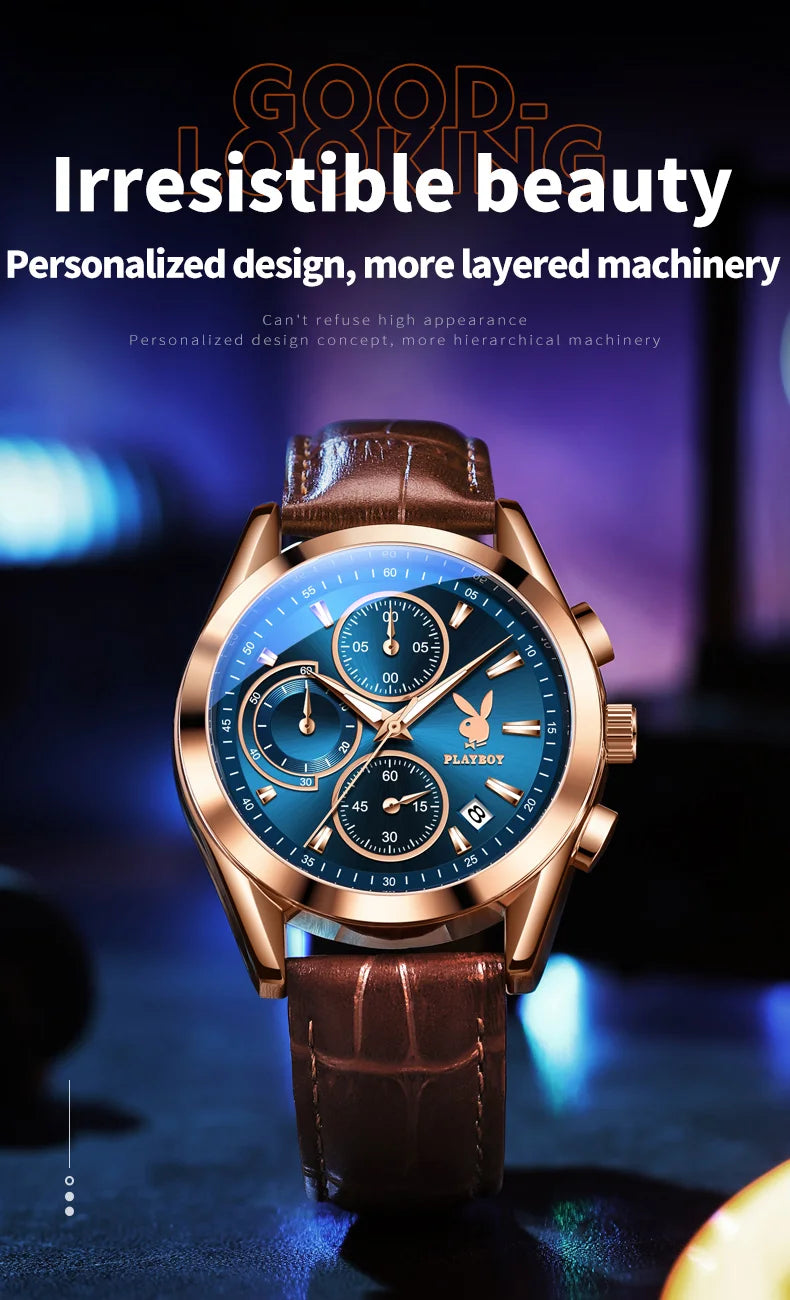 Stainless Steel Leather Strap Chronograph Luminous Quartz Watch for Men