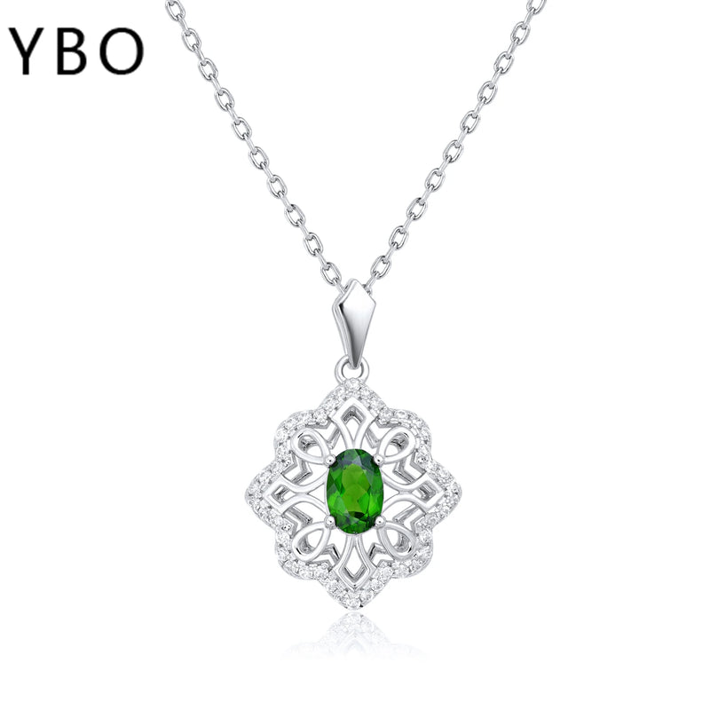 925 Sterling Silver Diopside Flower Pendant Necklace for Women.