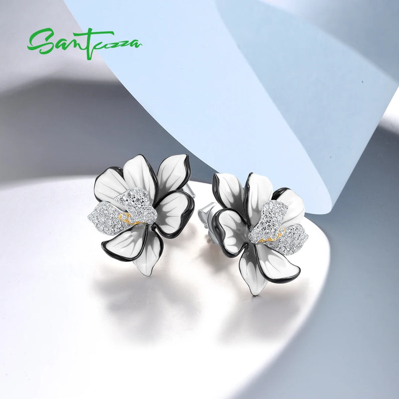 925 Sterling Silver Enamel Flower Stud Earrings for Women