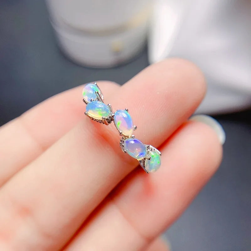 925 Sterling Silver Natural Opal Band Ring Set for Women