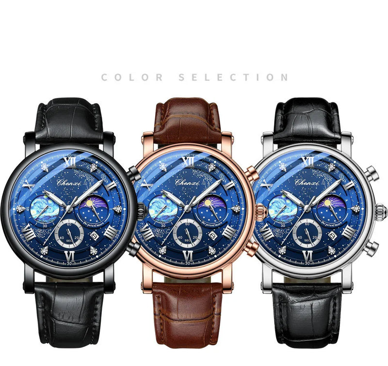 Stainless Steel Sun Stars & Moon Phase Quartz Watch for Men