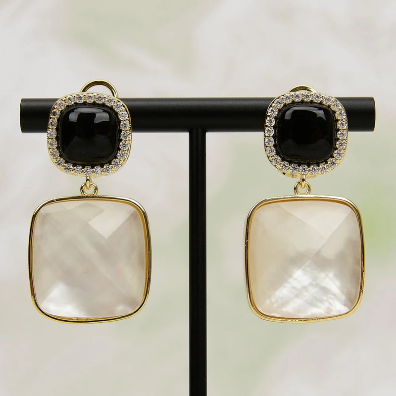 Sterling Silver White Shell Pearl Onyx CZ Square Stud Drop Earrings for Women