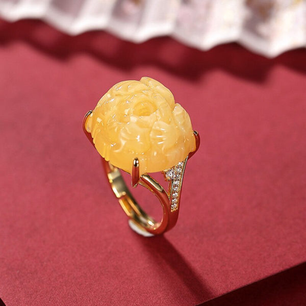 Sterling Silver Natural Yellow Chalcedony Peony Flower Ring for Women