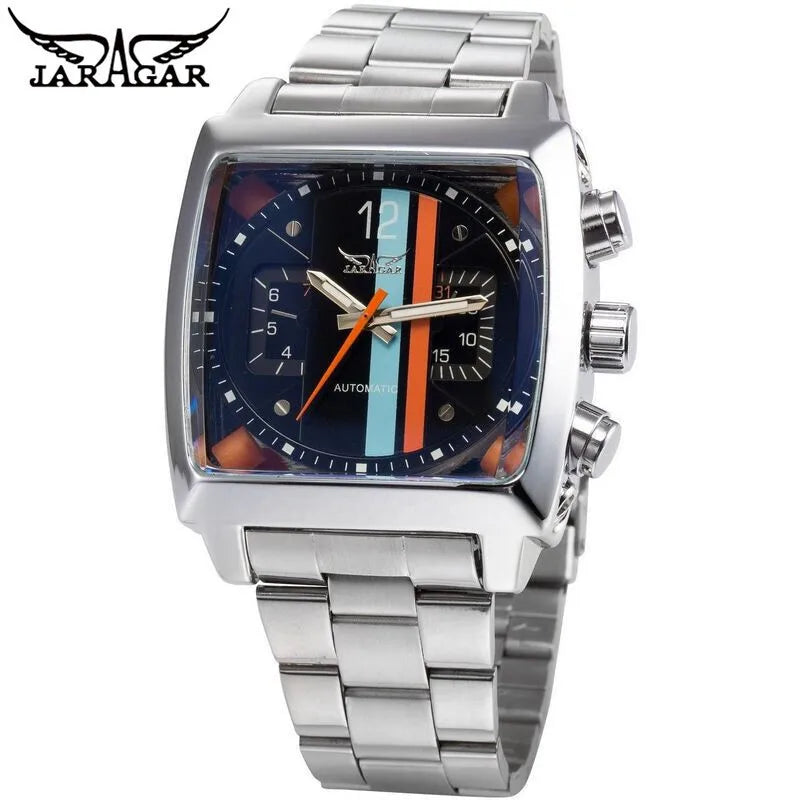 Stainless Steel Square Automatic Mechanical Watch with Date and Week for Men