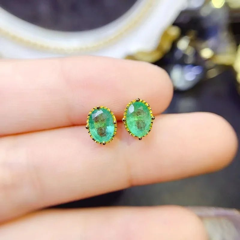 Sterling Silver Oval Cut Natural Colombian Emerald 5x7mm Earrings for Women