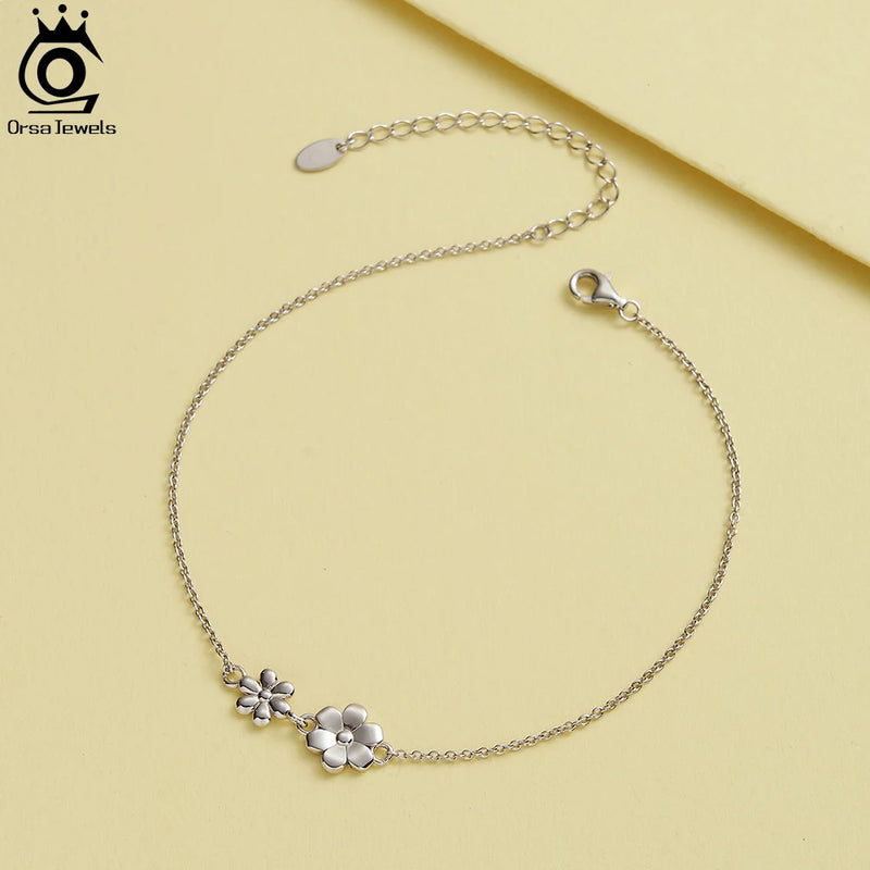 925 Sterling Silver Cable Link Chain Anklet with Double Flower 14K Gold Accents for Women