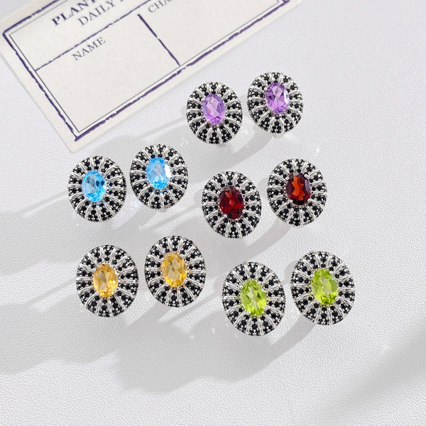 Sterling Silver 0.50 Ctw Natural Garnet Amethyst Peridot Citrine Topaz Black CZ Stud Earrings for Women