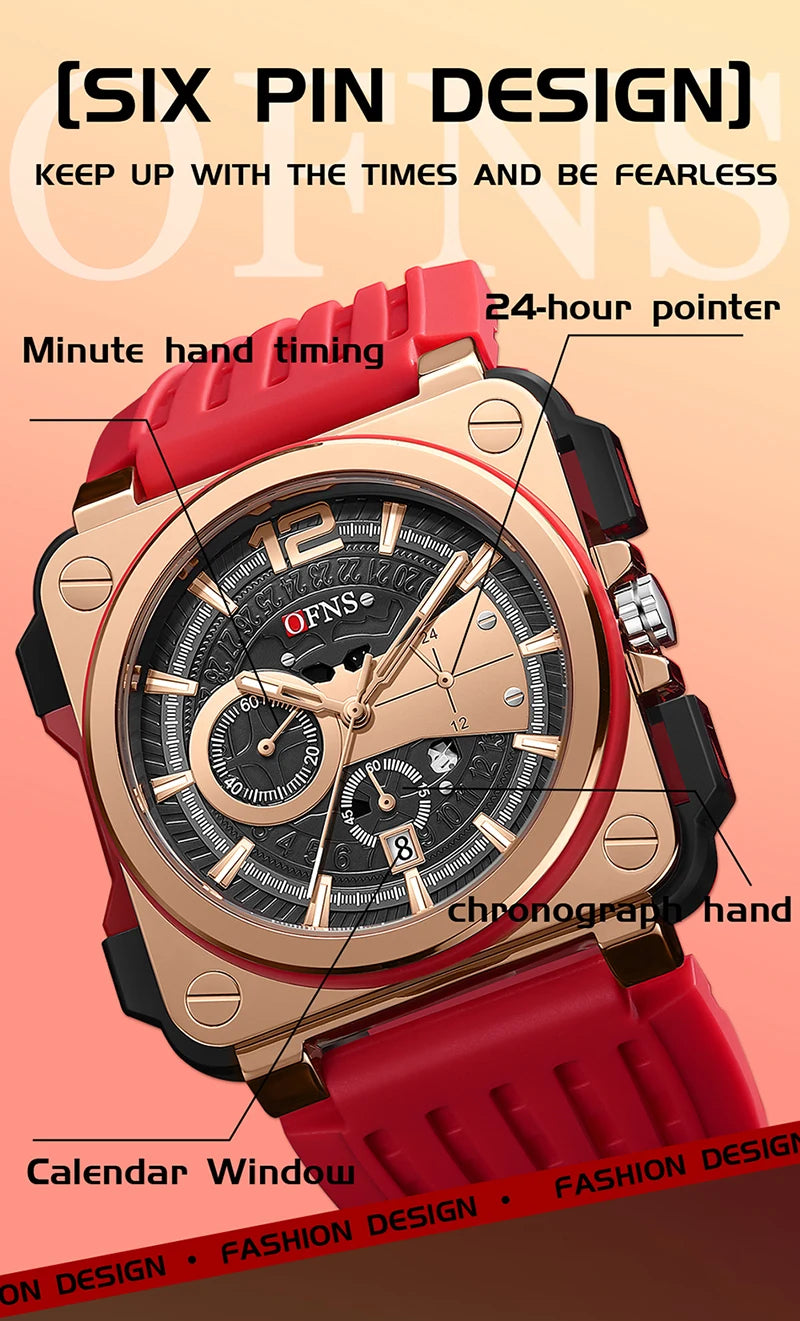 Stainless Steel Quartz Chronograph Watch with Luminous Silicone Strap for Men