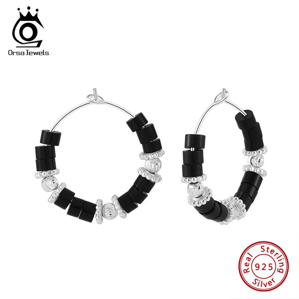 925 Sterling Silver Obsidian Hoop Earrings for Women