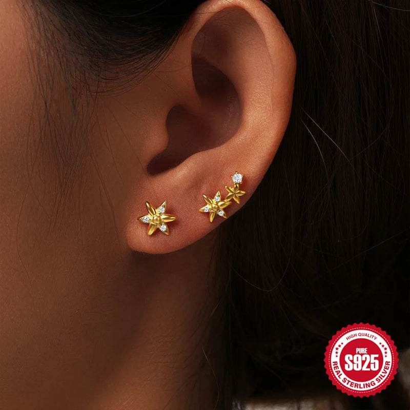 925 Sterling Silver Star Crystal Flower Stud Earrings for Woman