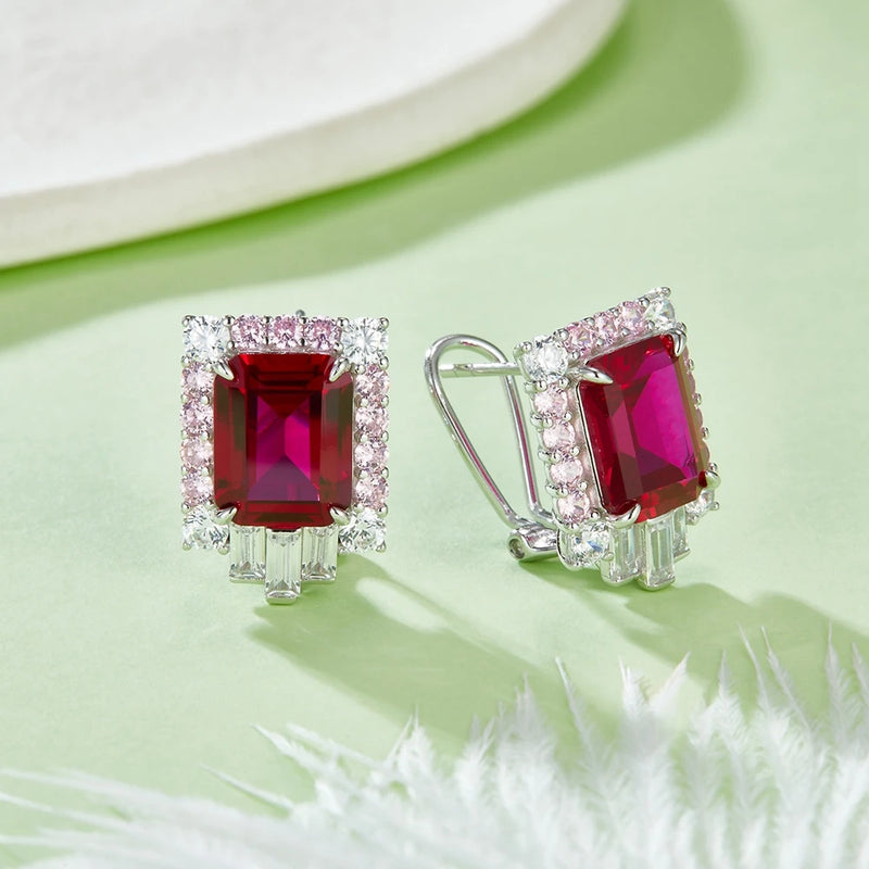 Sterling Silver Emerald Cut 8 ctw Ruby & Diamond Stud Earrings for Women