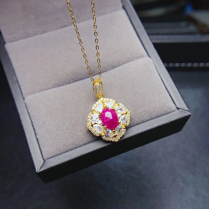 Sterling Silver Natural Ruby Zircon Pendant Necklace for Women