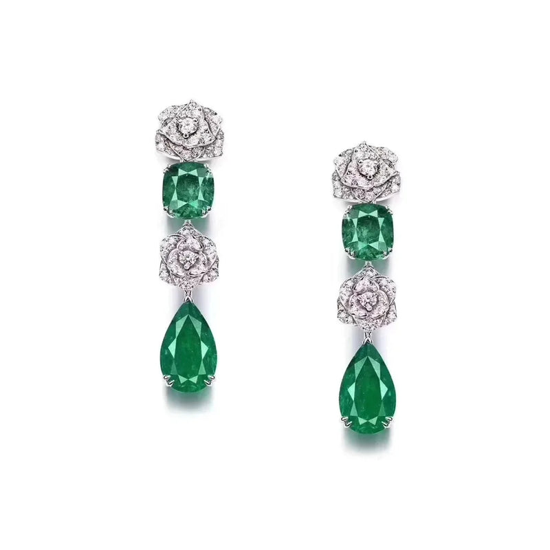 Sterling Silver Pear Cut Emerald High Carbon Diamonds Gemstone Drop Dangle Flower Earrings