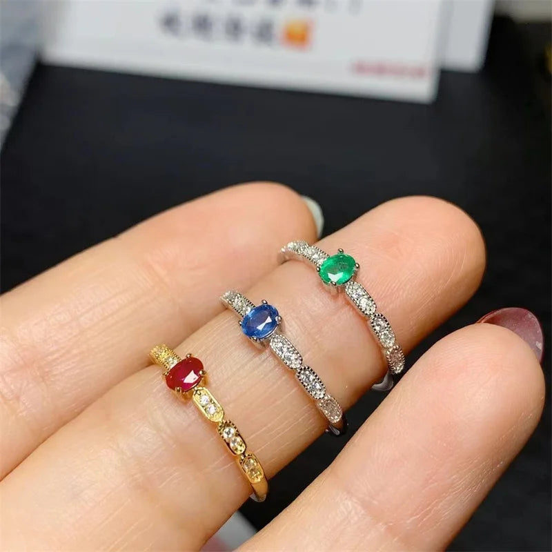 Sterling Silver Natural Ruby Sapphire Emerald .75ctw Adjustable Wedding Ring for Women