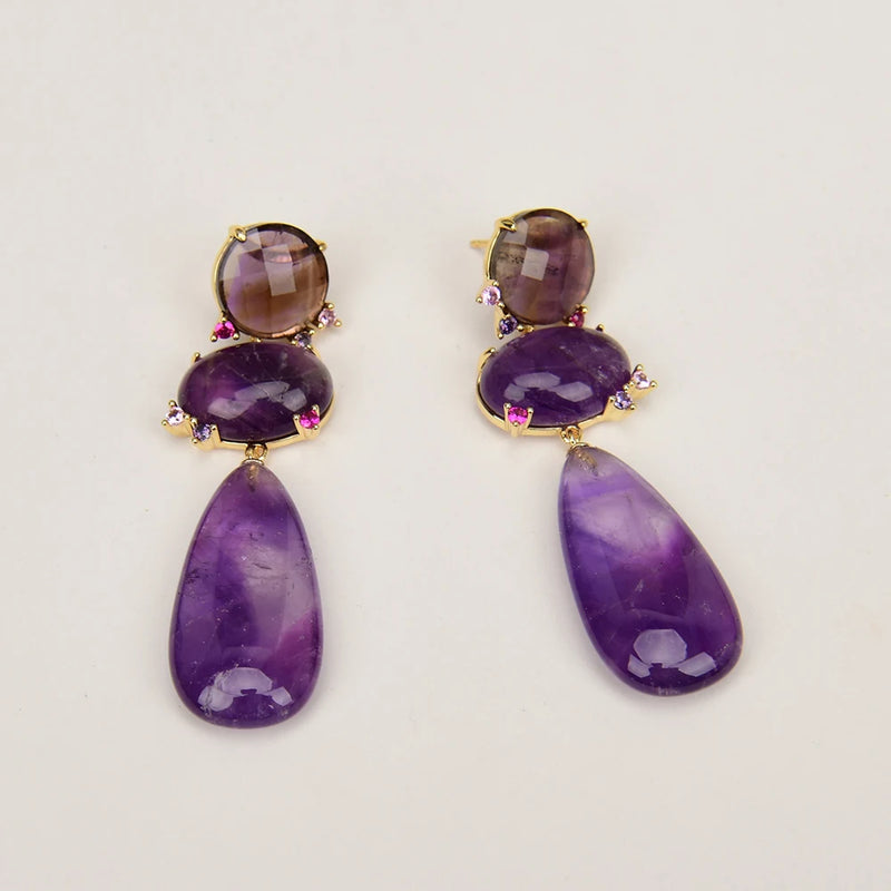 Gold Plated Purple Amethyst Quartz CZ Teardrop Earrings for Women