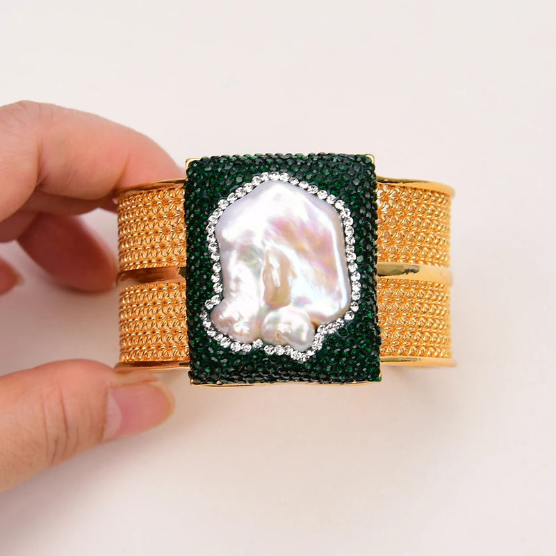 Sterling Silver Cultured White Keshi Pearl and Green CZ Wire Drawing Bracelet for Women