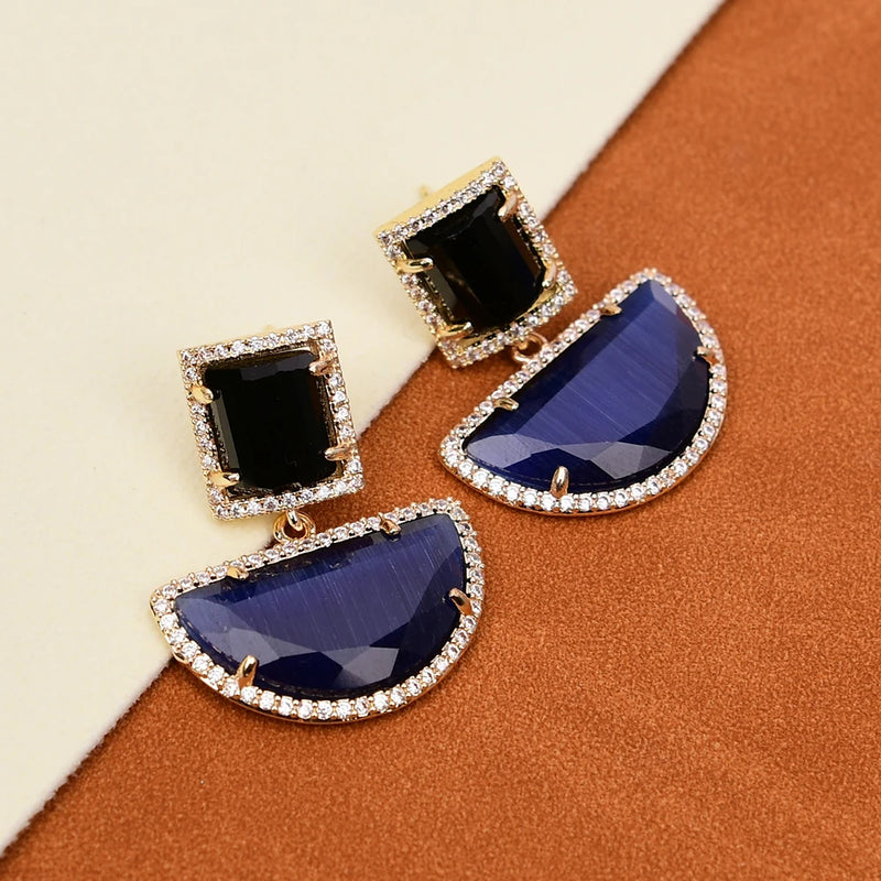 Gold Plated Black Blue Cat Eye Dangle Stud Earrings with CZ Stones for Women