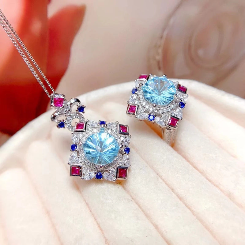 925 Silver London Blue Topaz/Amethyst Ring and Pendant Set for Women