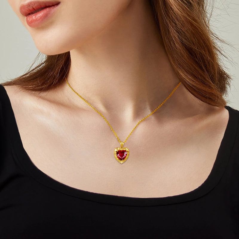 Gold Ruby Heart Pendant Necklace for Women