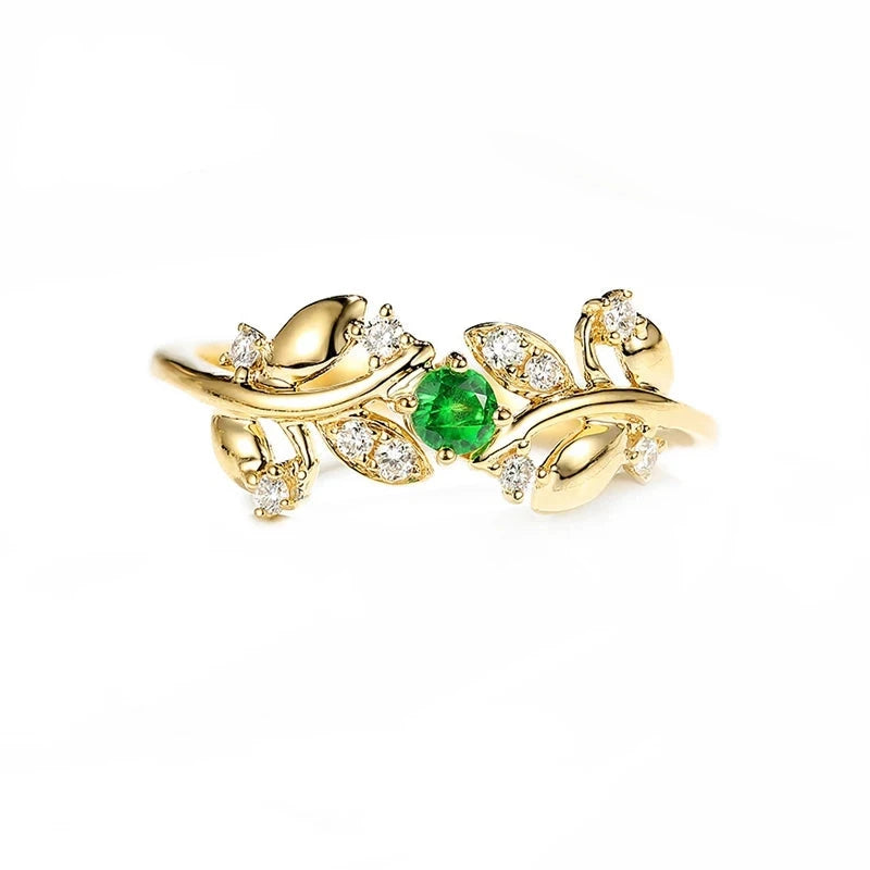 14K Yellow Gold Emerald and Diamond Leaf Engagement Ring for Women